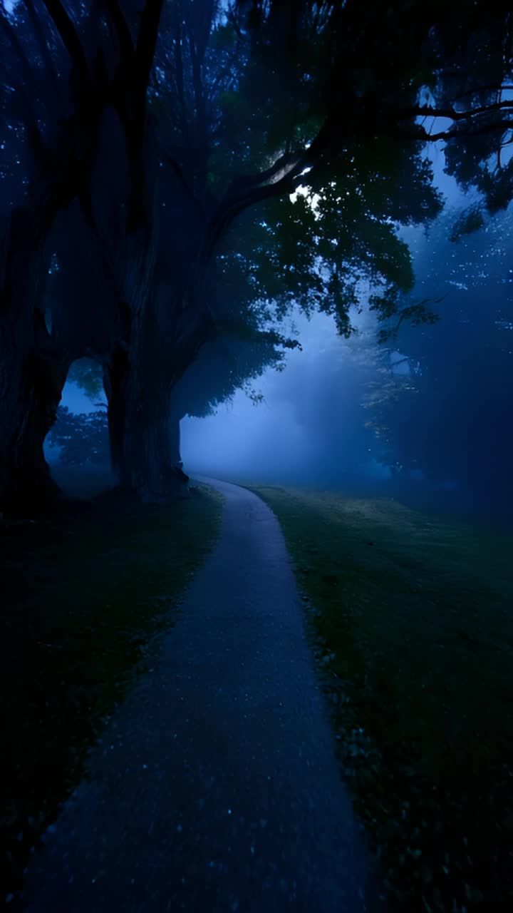夜晚，一条小路蜿蜒延伸，消失在黑暗中。道路两旁排列