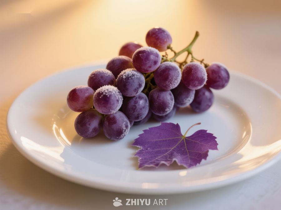 盘中紫葡萄与叶片的静物组合 285