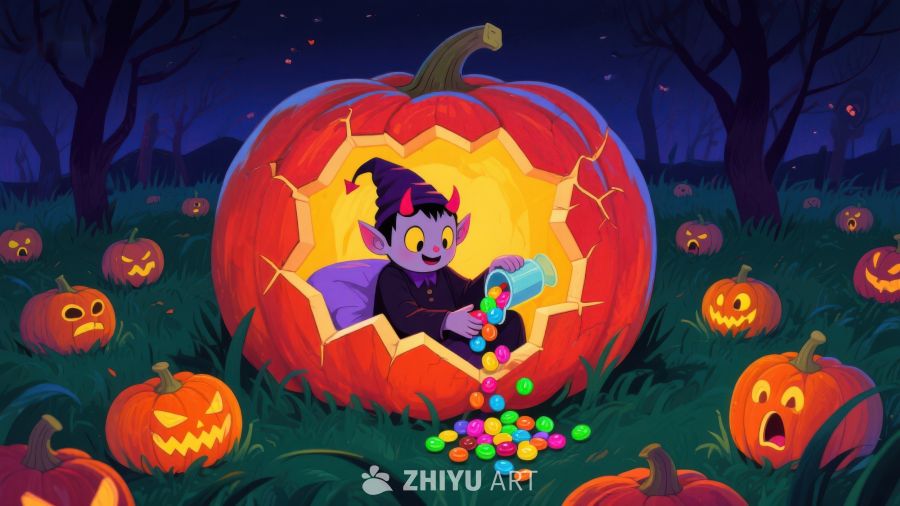南瓜灯中的小恶魔倒糖果