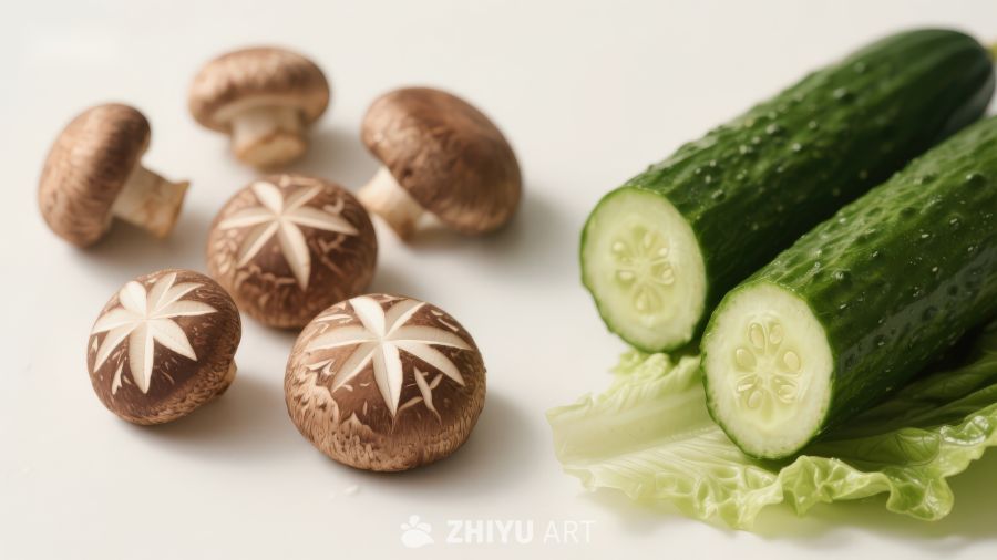 香菇黄瓜生菜静物摆拍