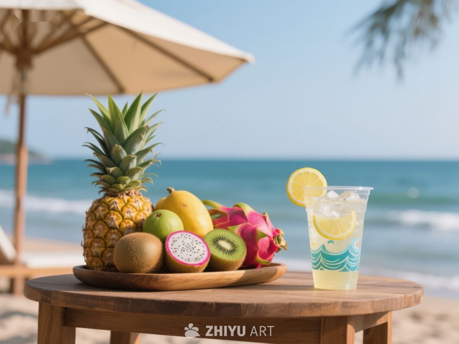 海滩上的热带水果与清凉饮品 276