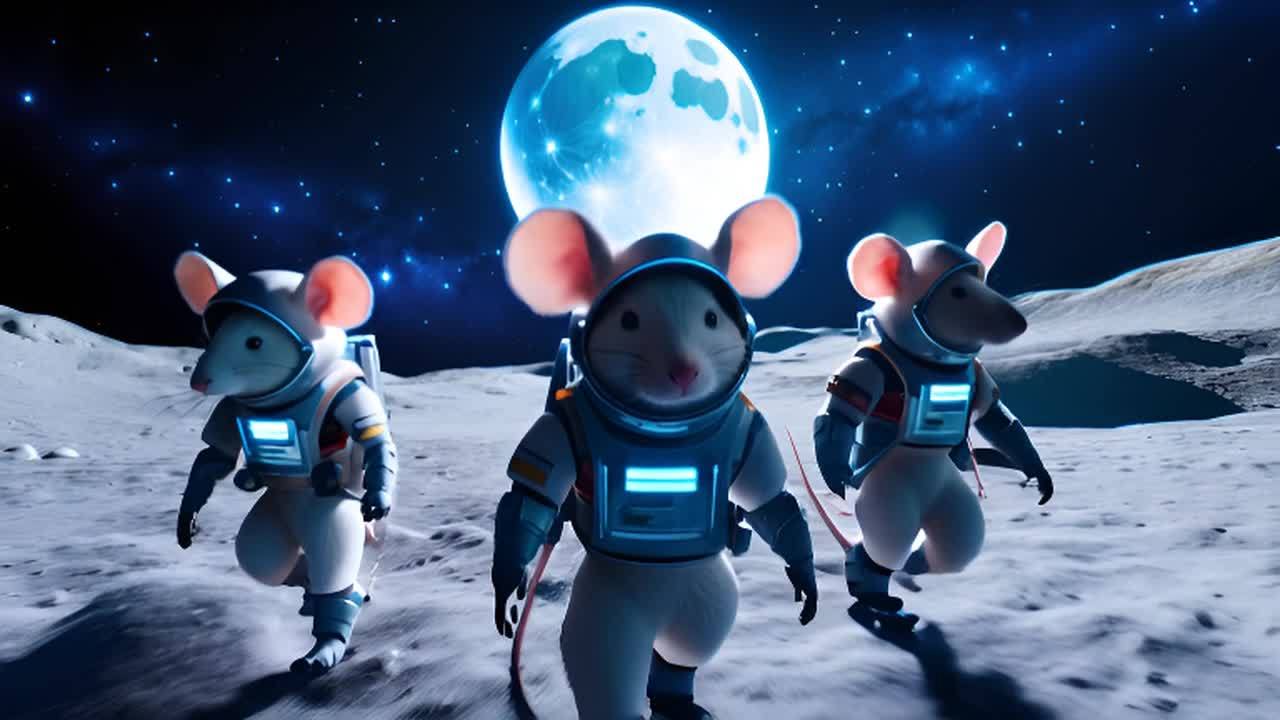 月球表面有三只穿着宇航服的老鼠。它们戴着头盔和太空