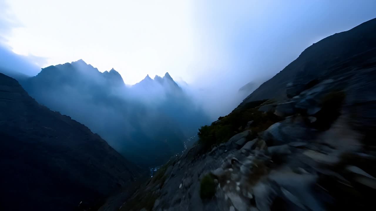 高耸的山峰在薄雾中显现，阳光穿透云层，在崎岖的地形