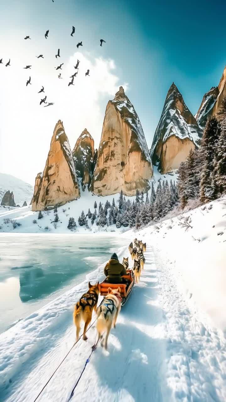 几只狗拉着雪橇在湖边移动，无人机从上方拍摄。可以看