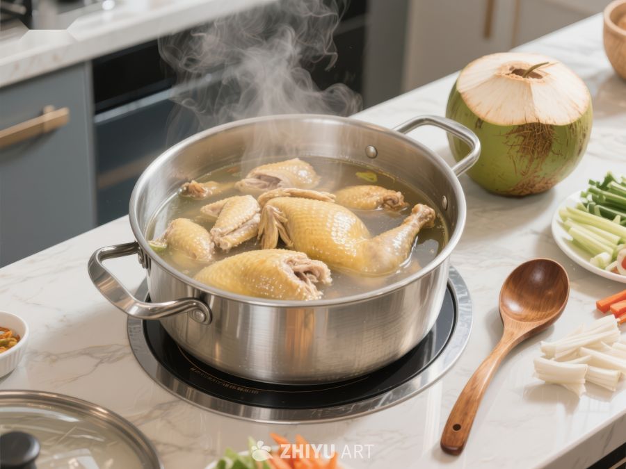 热气腾腾的鸡肉汤正在锅中炖煮 558