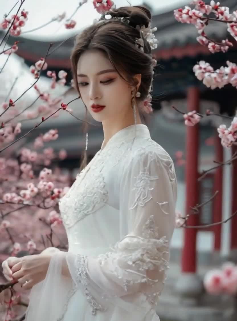 古装女子桃花树下，古典建筑唯美意境