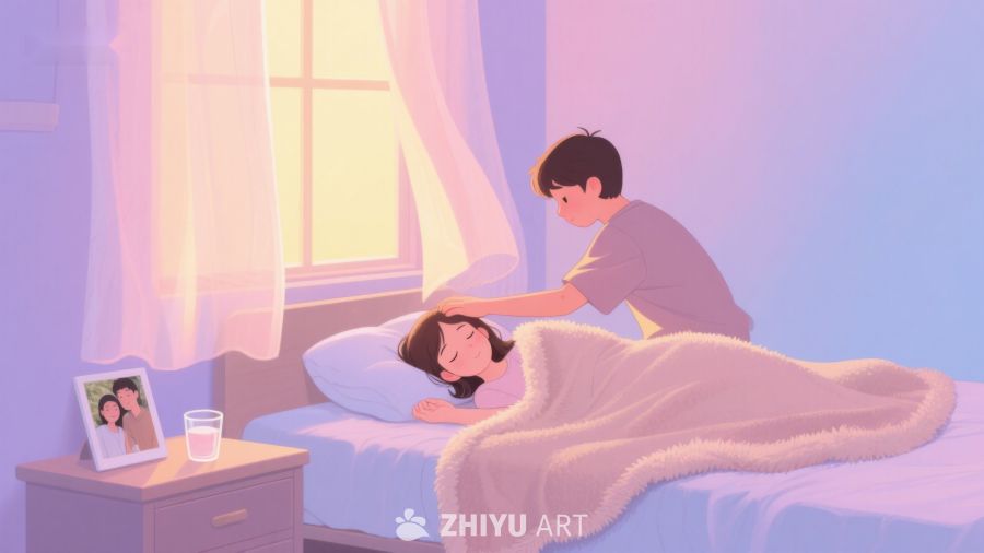 温馨卧室中，男孩轻抚熟睡女孩的头发 461