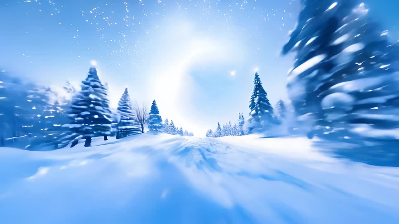 雪覆盖的小径蜿蜒穿过被雪覆盖的常绿树林。天空是深蓝