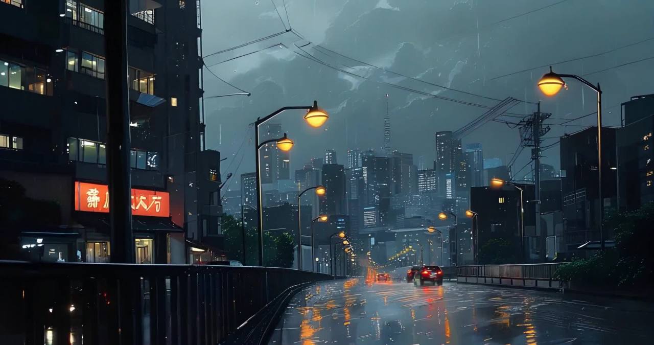 雨夜中，都市的街道被雨水浸湿，路面反光。多辆汽车在