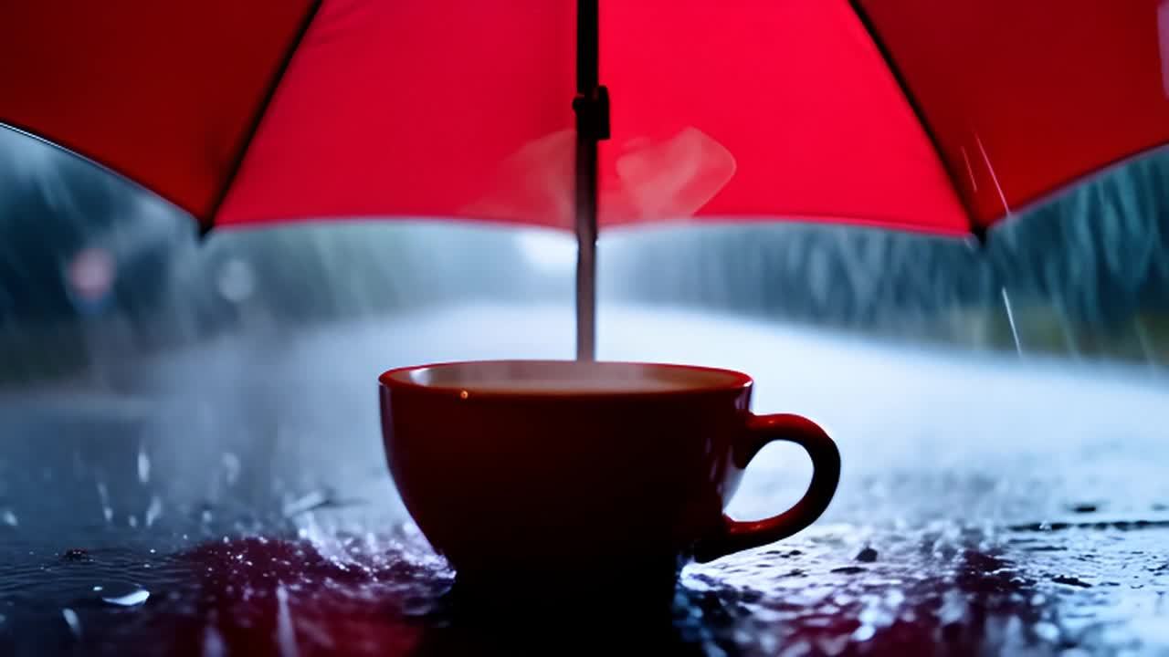 一把红色雨伞下，一杯热咖啡冒着热气，雨水在地面上溅