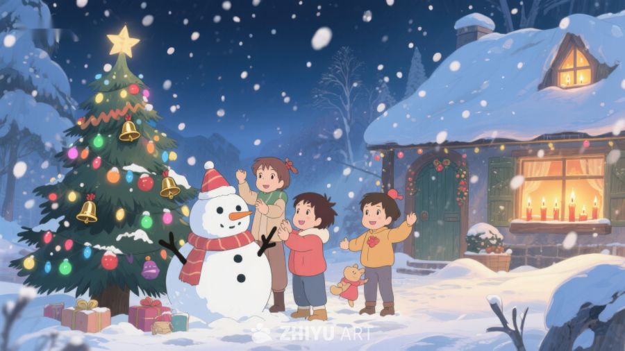 冬夜雪景中的温馨圣诞时光 129