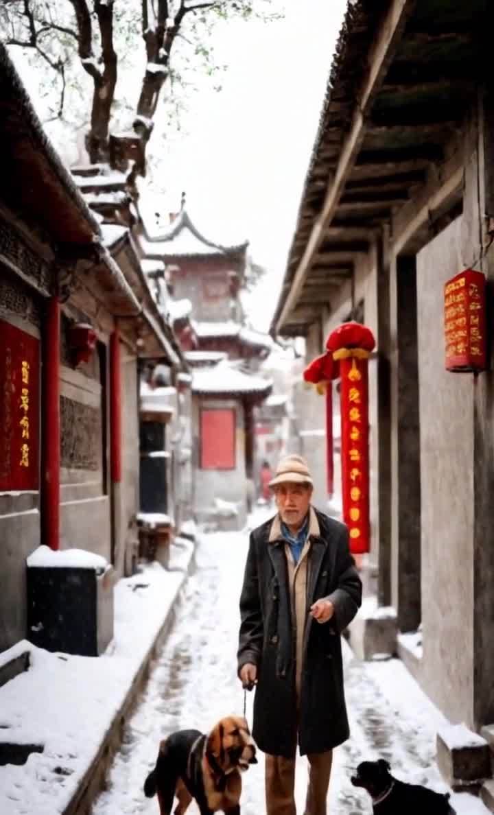 雪后胡同：老人牵狗漫步古都街巷