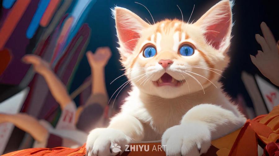 一只橘白相间的小猫，蓝色的眼睛，嘴巴微张，露出牙齿