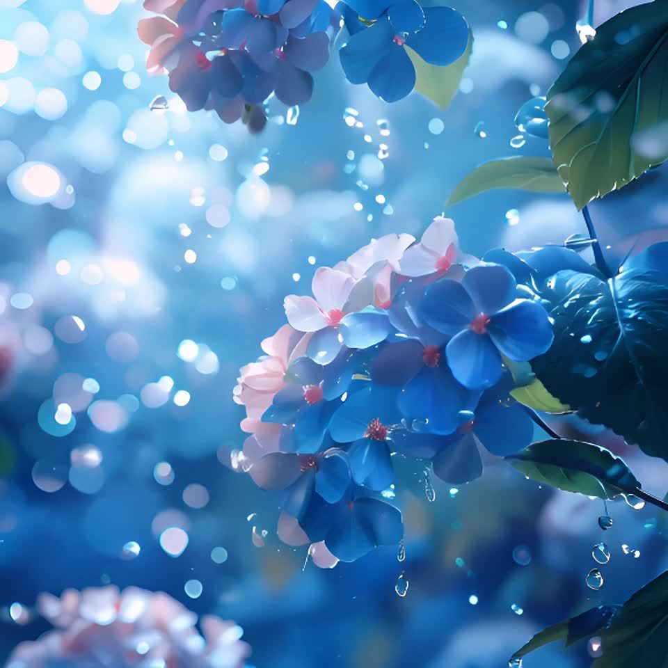蓝色和粉色的花朵上悬挂着许多水滴，叶子是绿色的，背