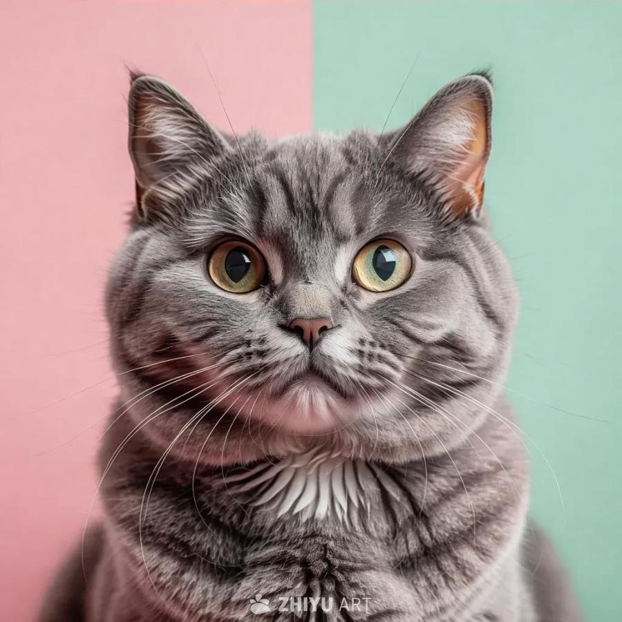 一只灰色的猫，有着黄绿色的眼睛和白色的胡须。猫的毛