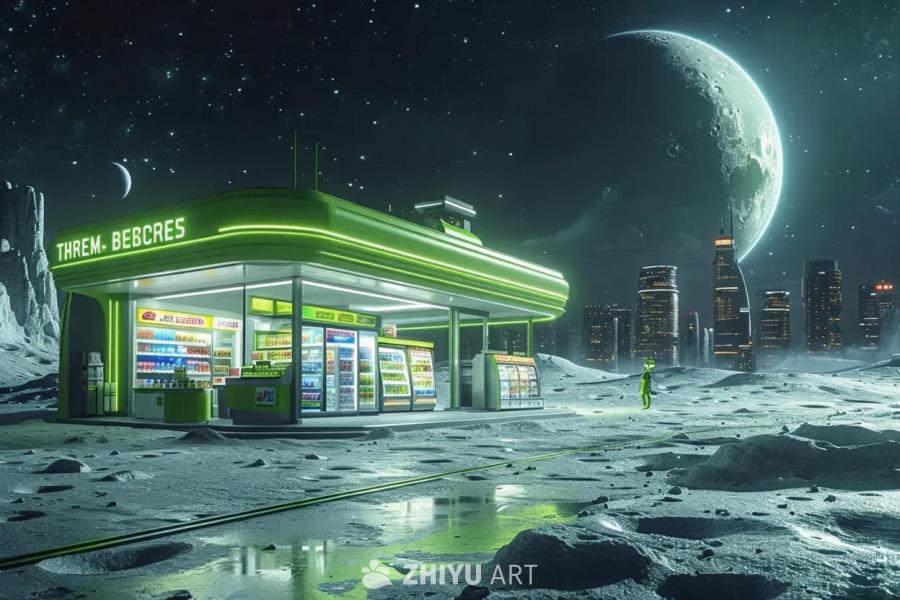 月球城市景观中，一家外观时髦的现代便利店作为背景，