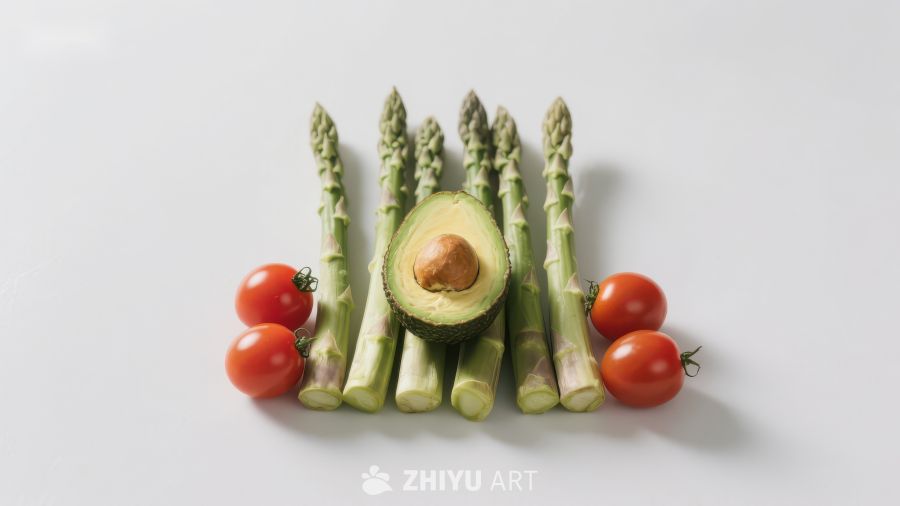 新鲜蔬菜排列：芦笋、樱桃番茄与牛油果