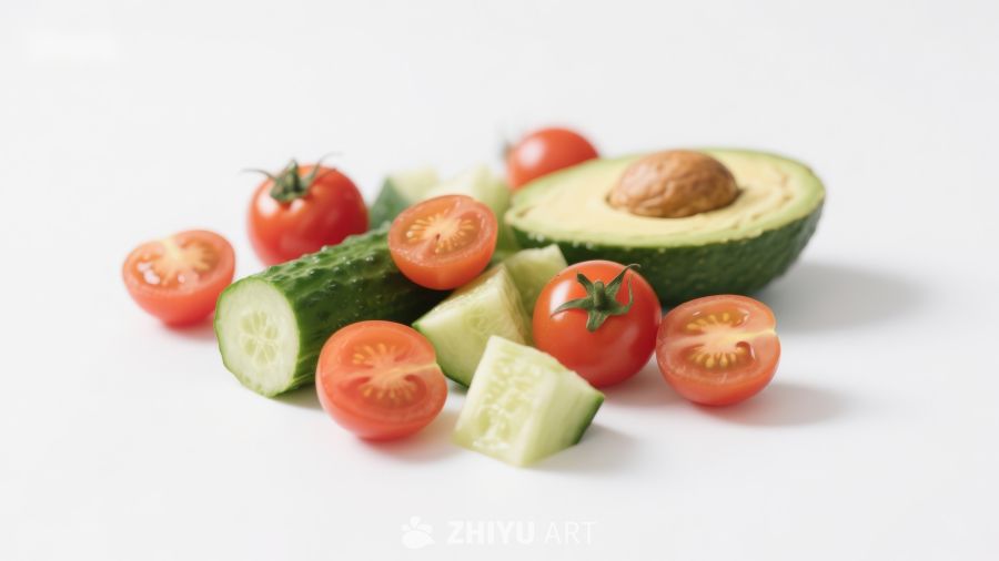 新鲜蔬菜组合：番茄、黄瓜与牛油果