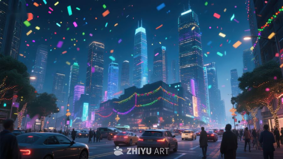 霓虹都市夜景，彩带飘扬庆祝氛围 337