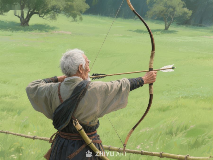 老者在绿野中拉弓射箭 617
