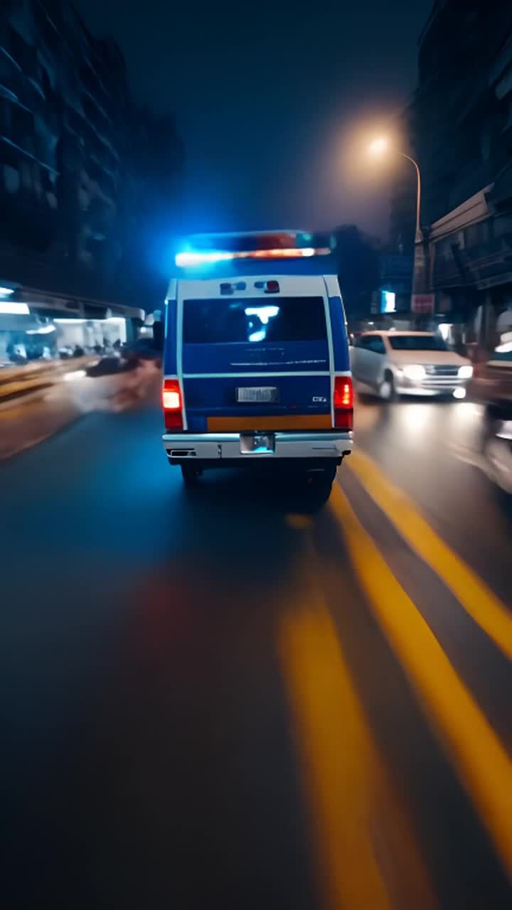 一辆黑白相间的印度救护车，车顶闪烁着蓝色和红色的警