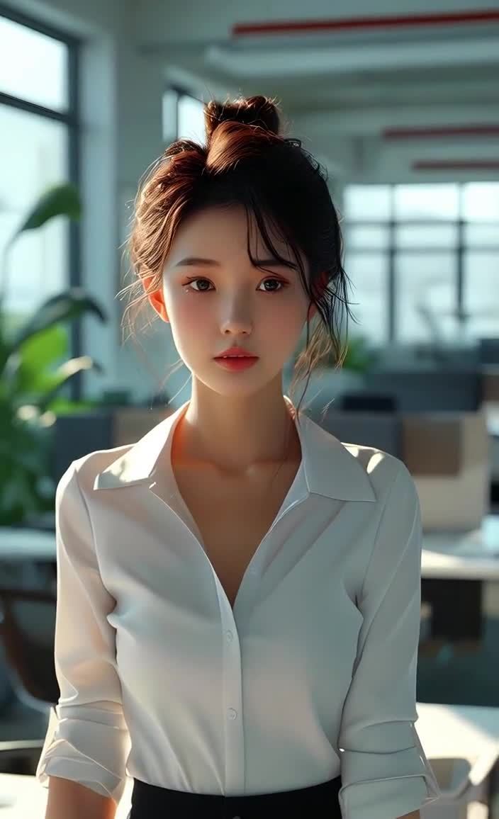 一位亚洲女性在明亮的工作环境中。她穿着白色衬衫，黑