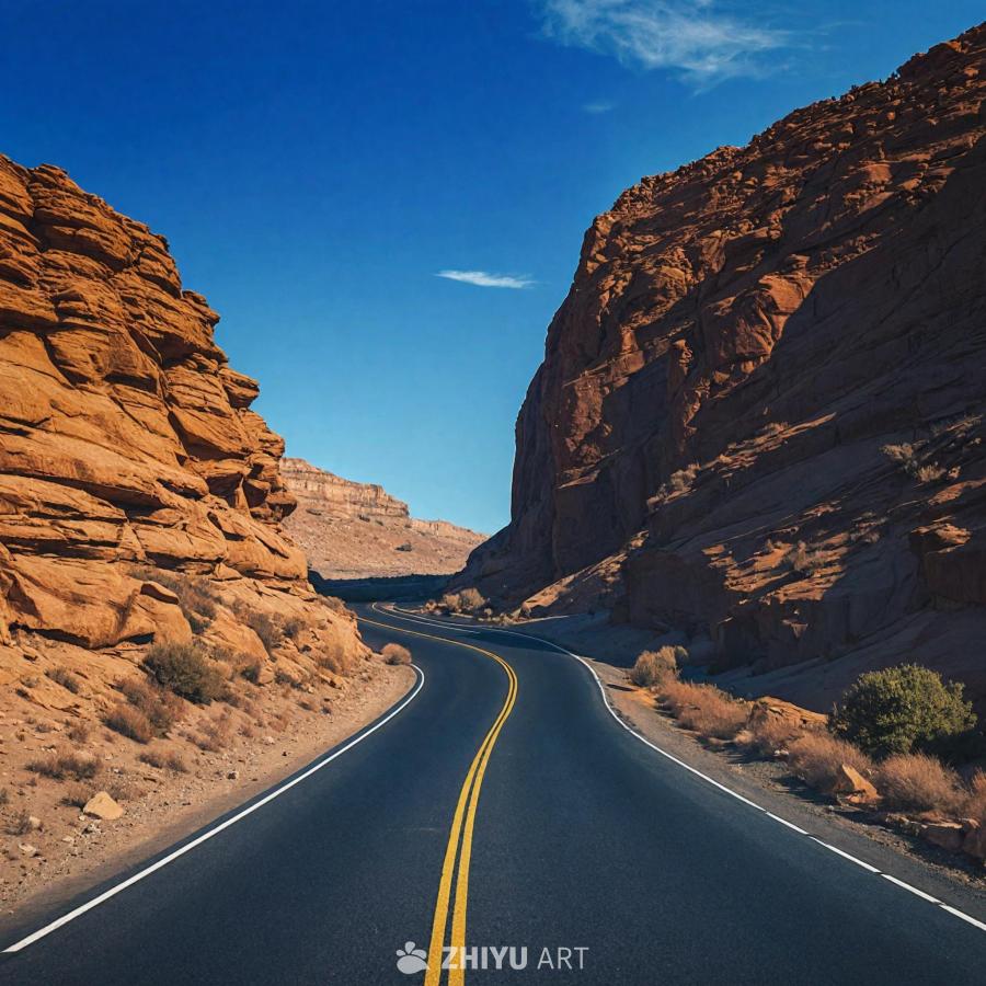 一条蜿蜒的道路被高耸的岩层包围，构成了一幅风景如画