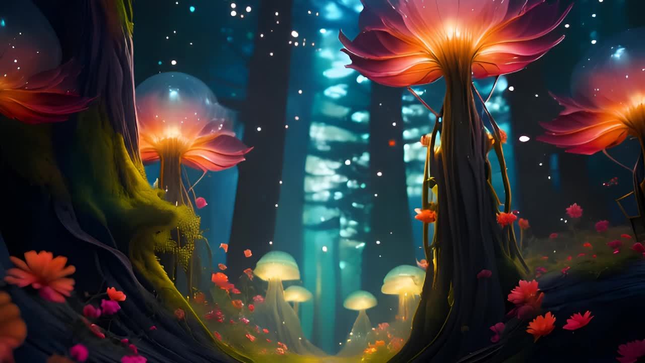 图像中展示了一个夜晚的森林场景，树木高耸，树干上覆