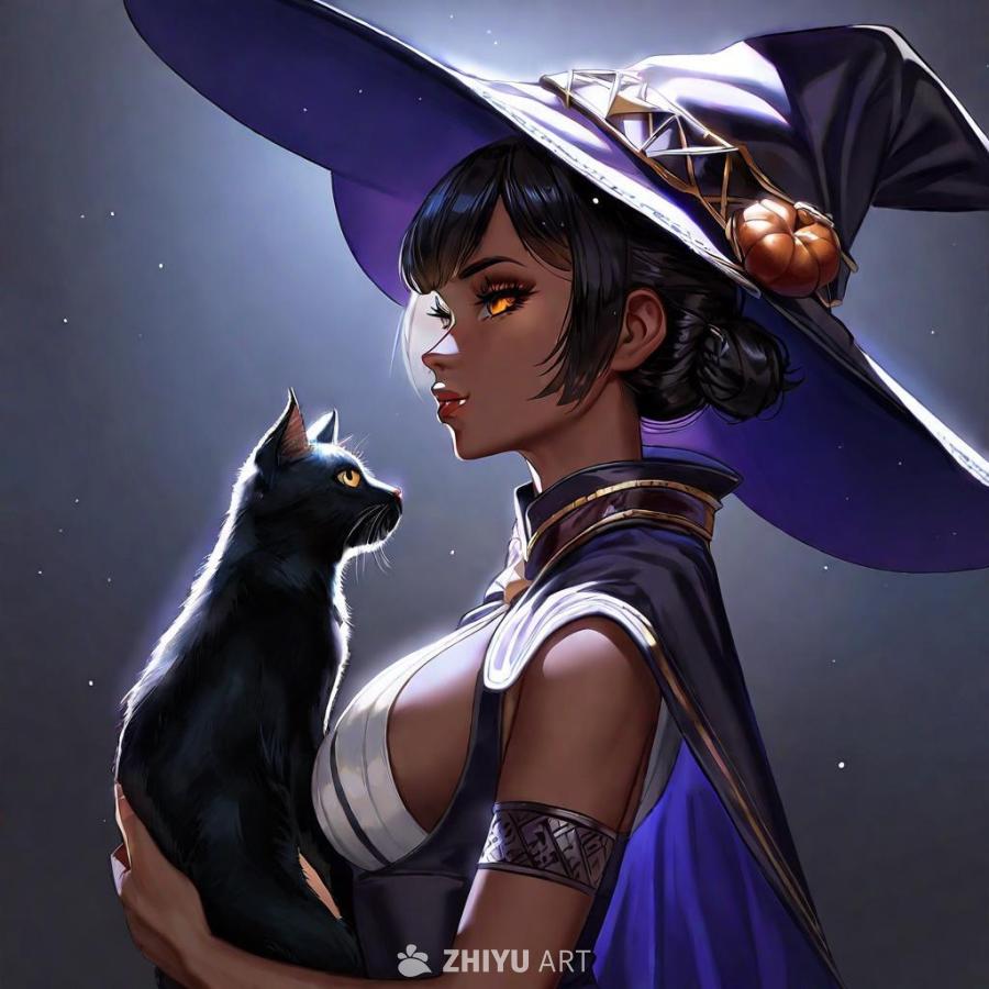一个黑皮肤的黑发女孩头戴巫婆帽，怀抱着一只黑猫，光