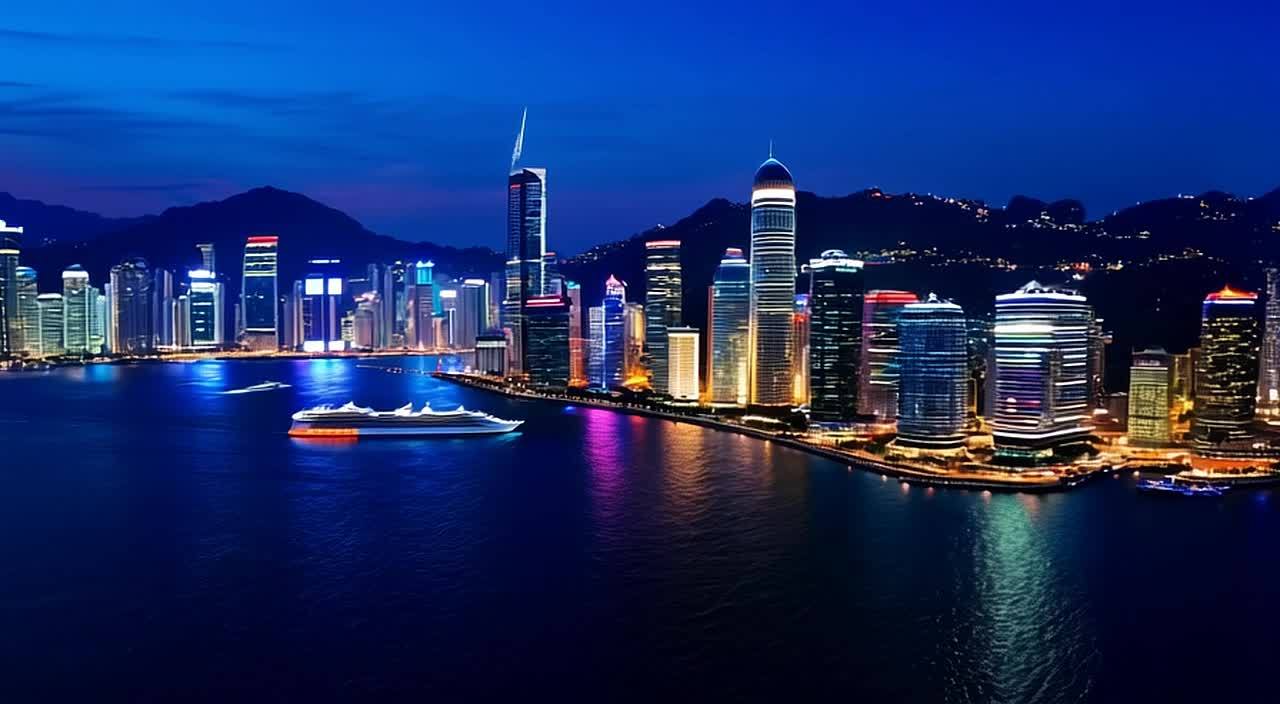 夜间，深蓝色海面上漂浮着几艘船只，其中一艘是白色的