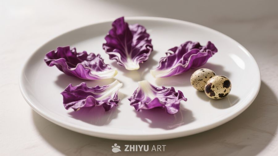 紫甘蓝花瓣与鹌鹑蛋的静物组合