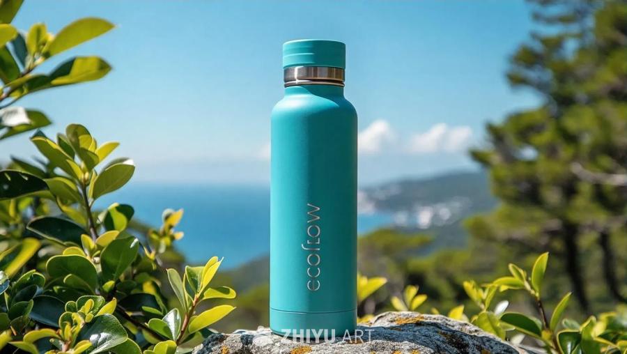一个蓝色的Ecoflow水瓶竖立在石头上，背景是绿