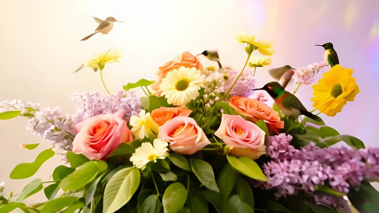 画面中呈现一个精美的花卉布置，包括彩色玫瑰、雏菊和