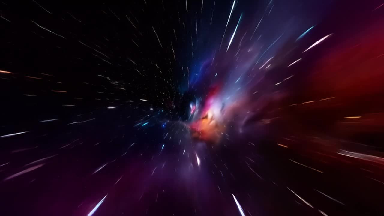 一个宇宙飞船穿梭在宇宙中，星星拖着光线，周围是明亮