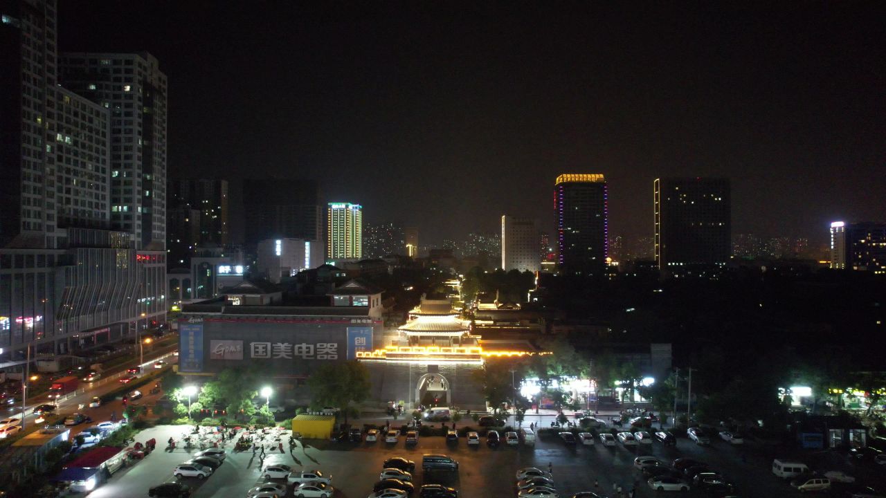 河北邯郸城市夜景灯光城南夜市航拍 