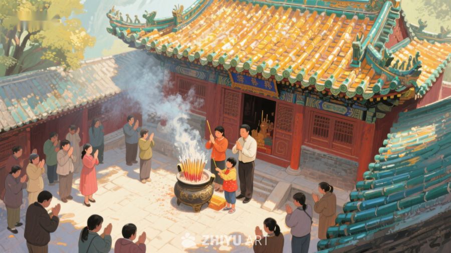 庙宇前众人虔诚焚香祈福 667