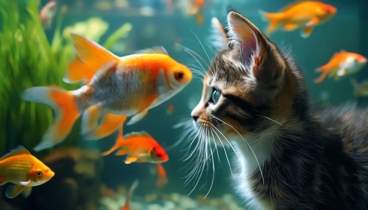一只小猫正在观察鱼缸，鱼缸里有数条金鱼在游动，鱼缸