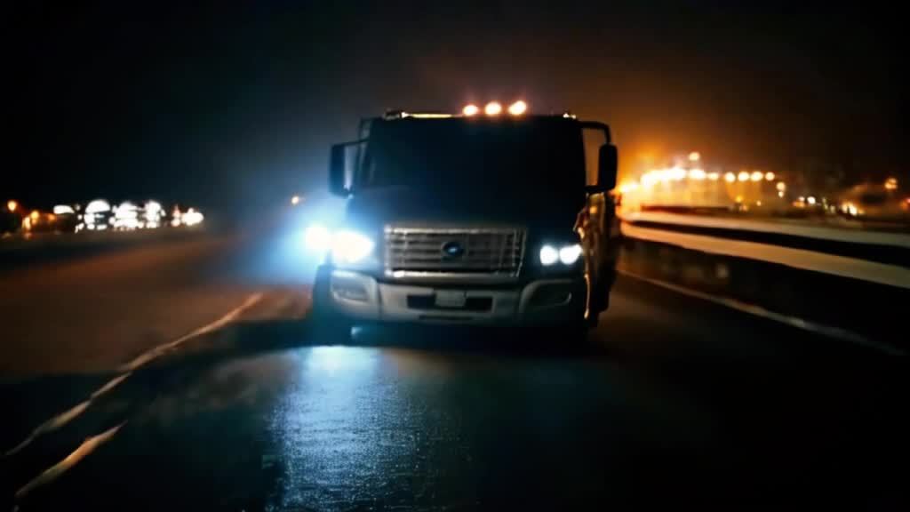 一辆卡车在夜晚的道路上行驶，卡车的前灯亮着，道路湿