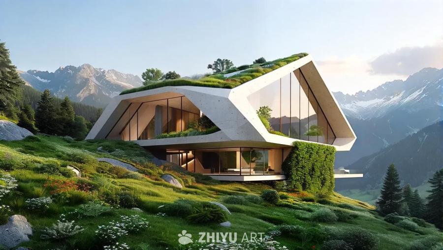 一座未来主义风格的几何小屋，坐落于郁郁葱葱的山地景