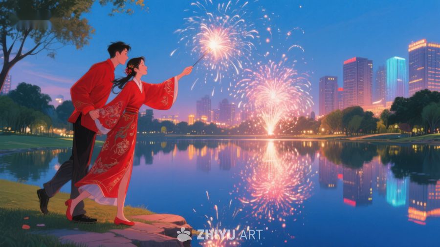 湖畔烟花下的情侣 335