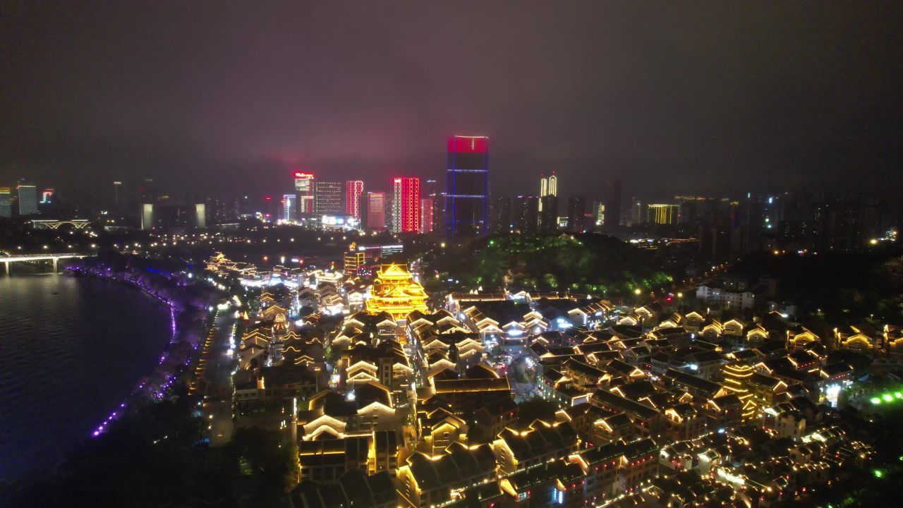 广西柳州窑埠古镇夜景灯光航拍