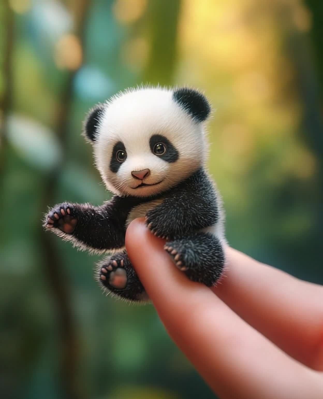 可爱小熊猫举爪，坐人手指上，背景模糊。