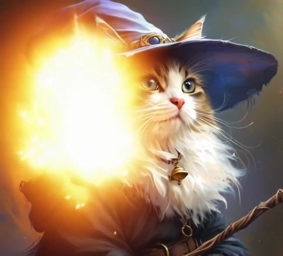 戴巫师帽的猫法师与魔法杖