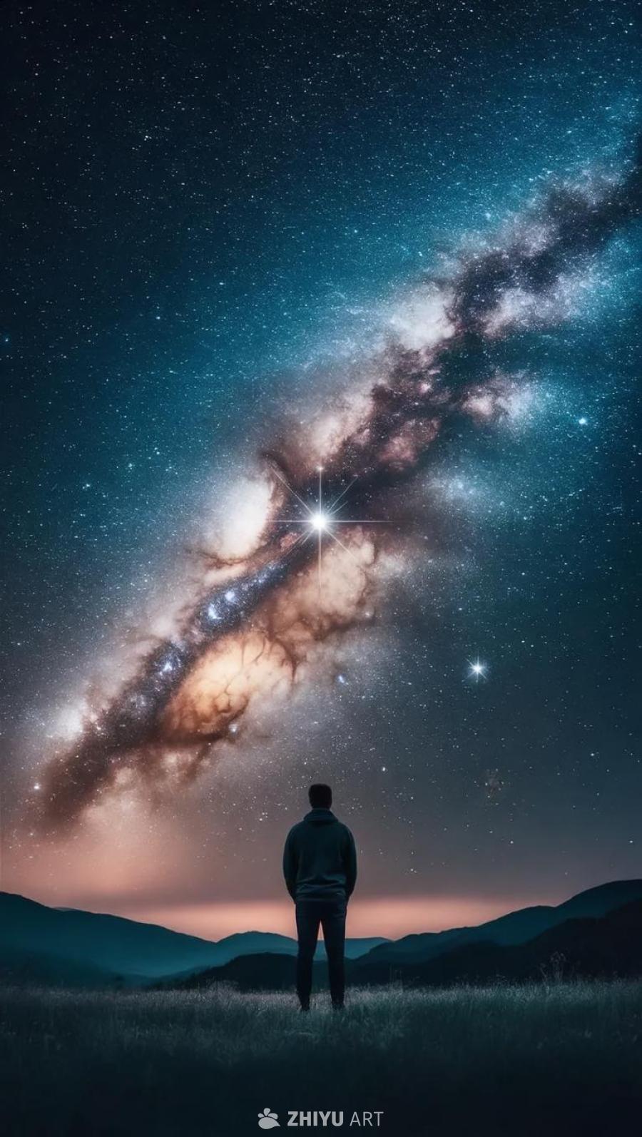 画面中，宇宙星空布满繁星点点，其中一条星河横贯天际