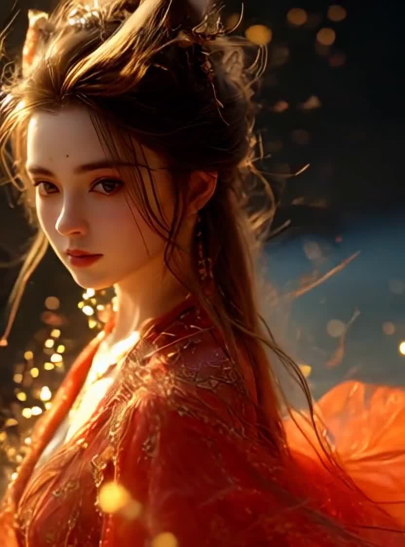 红衣长发女子，面容精致，眼神专注。