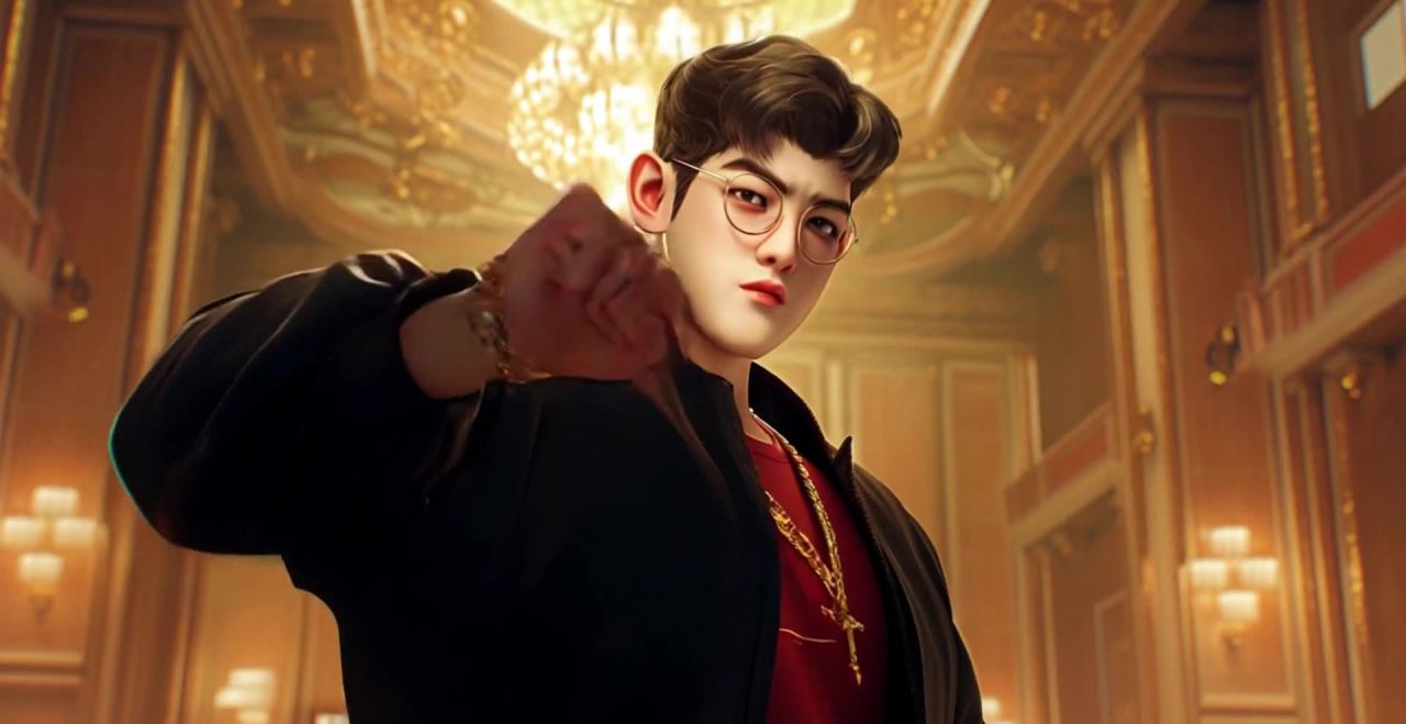 华丽房间里戴金饰的红衣眼镜男