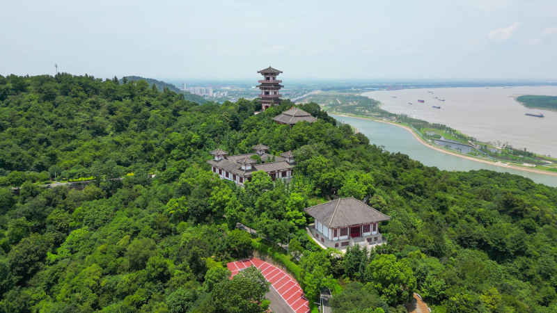  航拍湖北鄂州西山风景区武昌楼