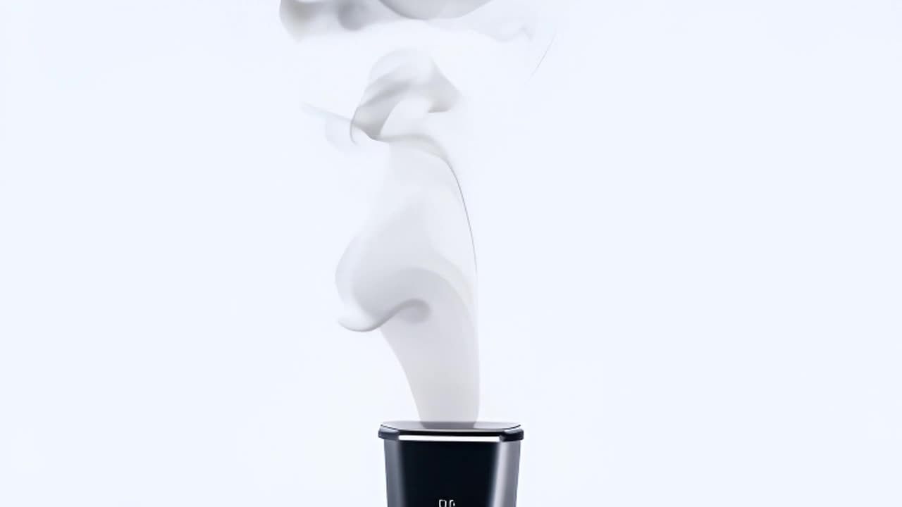 烟雾从设备中缓缓升起，形成优雅而复杂的图案。这些烟雾呈现出轻盈的姿态，仿佛在空中翩翩起舞。该设备的造型简洁大方，设计现代感十足。它静静地放置在一个简约的环境中，与周围的白色背景相得益彰。整个场景给人一种宁静、舒适的感觉，同时也展现了科技与艺术的完美结合。