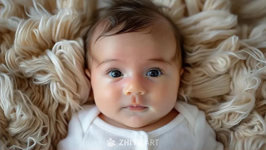 一个健康的婴儿躺在米白色的毛绒毯子上，婴儿的眼睛是