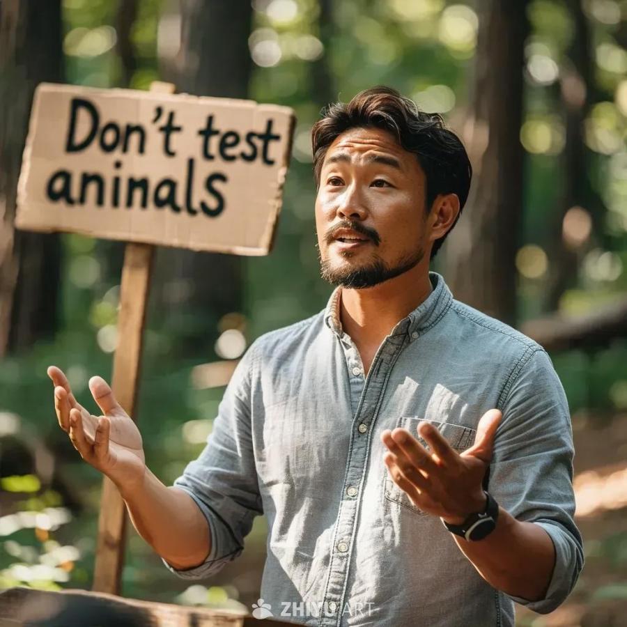 一名男子站在树林中，他穿着一件灰色衬衫，戴着手表，